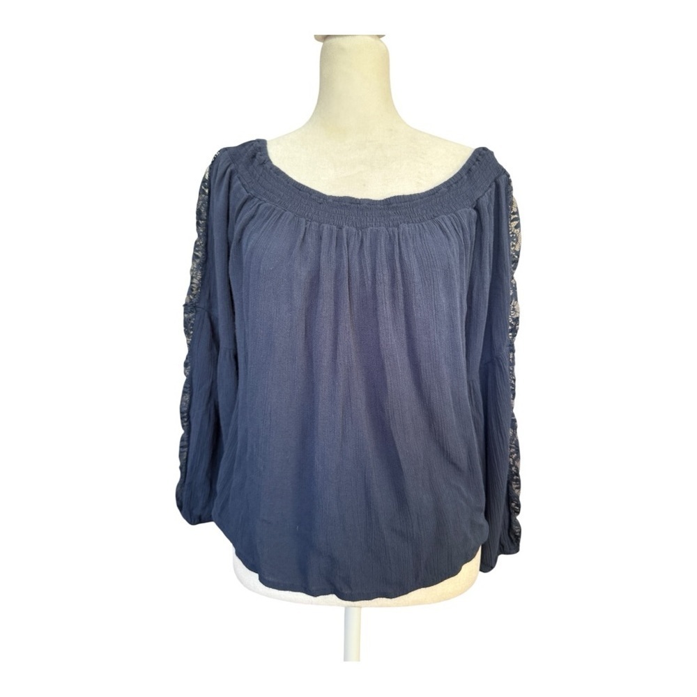 Hollister Navy Blue Off Shoulder Peasant Top M - Lace Sleeve Detail